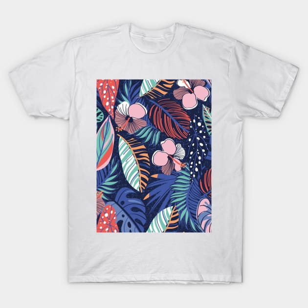 Moody tropical night // pattern // oxford blue background spearmint papaya orange denim and electric blue leaves coral cotton candy pink and dry rose hibiscus flowers T-Shirt by SelmaCardoso